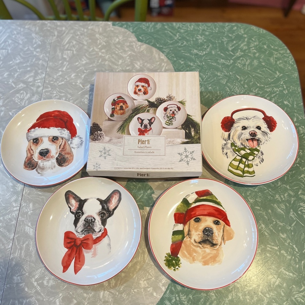 Pier One/Pier 1 Christmas Colorful Dogs 8" Salad Dessert Plates In Box-Set of 4